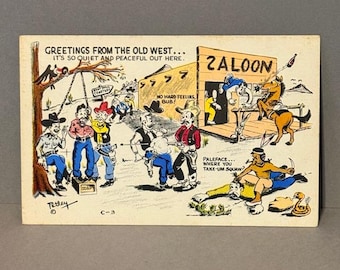 Cartão-postal vintage da Petley, item efêmero, Velho Oeste, Saloon, Arizona, Cowboy com escalpo.
