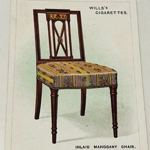May include: A vintage advertisement for Wills's Cigarettes featuring an inlaid mahogany chair with a patterned fabric seat.