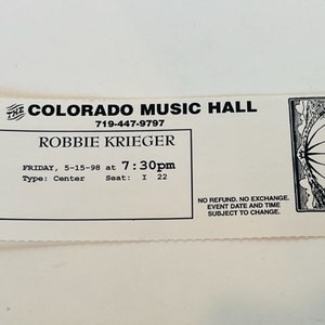 Robbie Krieger Konzertkarte Stub Vintage Musik Memorabilia Rockband Pop Country Metal Rap Ephemera Colorado CO 1998 Music Hall Denver