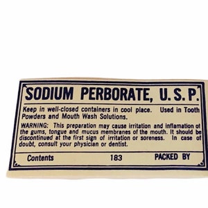 DRUGSTORE PHARMACY LABEL antike semlerische Ephemera Vintage ww1 Ära wwi Werbeanhänger für Flasche Handwerk Natrium Perborat usp