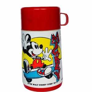 VINTAGE LUNCHBOX THERMOS 1980 Aladdin plastic collectible retro vtg cartoon kid Walt Disney Mickey Mouse skateboard diamond shoes skate