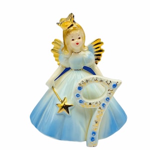 JOSEF ORIGINALS BIRTHDAY girls porcelain angel figurine vintage vtg mcm gift decor statue sculpture 9 Nine fairy crown magic wand crown