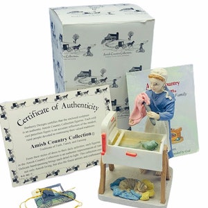 AMISH COUNTRY COLLECTION figurine vintage 1990s faith family farming sculpture decor gift nib box #614 Washday wash day faith cat kitten