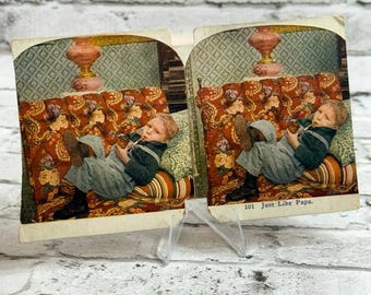 Vintage Stereo View Scope Card Stereoview Stereoscope Photo Picture Just Like Papa