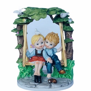 PORCELAIN FIGURINE VINTAGE collectible art decor gift sculpture ceramic art deco victorian mcm mid century Japan tree swing dove kids floral