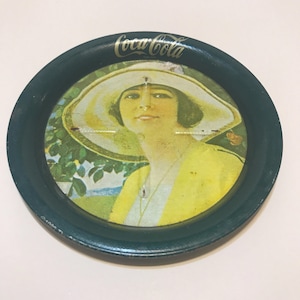 Retro Vintage Mini Coca-Cola Plate Tin Tray Coke Advertising Soda Pop Woman Yellow Coat Hat Green Saucer
