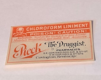 DRUGSTORE PHARMACY LABEL antique paper ephemera vintage ww1 era wwi advertising tag bottle craft Covington Kentucky Ky Pieck Chloroform