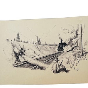 Emerson Western Print Art Litho 11X7 stencil drawing Cowboy Americana Wild West collectible 1973 vintage USA range Railroad trains steam AC1