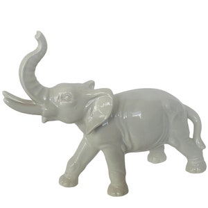 Elephant Figurine Pachyderm sculpture statue gift decor trunk up porcelain ceramic vintage mcm vtg antique signed West Germany W blue crown