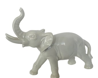 Elephant Figurine Pachyderm sculpture statue gift decor trunk up porcelain ceramic vintage mcm vtg antique signed West Germany W blue crown