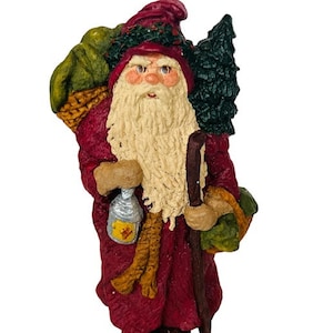 Santa Claus Figurine Ornament resin carved Christmas signed June Mckenna 1988 toy sack A4