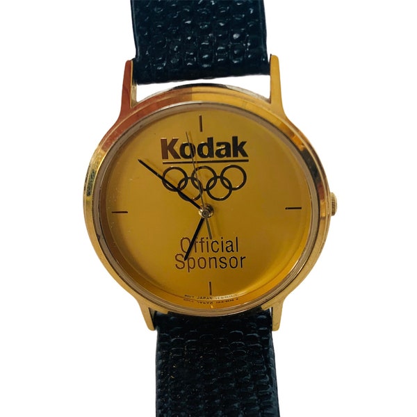 Vintage Watch unisex wristwatch vtg advertising collectible souvenir memorabilia Kodak Olympics Official Sponsor USA gold face