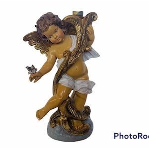 Roman Fontanini Angel Figurine Italia Depose vtg arte escultura natividad querubín cielo resina oro flor candelabro portavelas