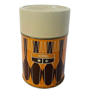 KING SEELEY THERMOS 1971 vintage soup lid bowl coffee travel memorabilia metal rare 1970s tan brown stripes