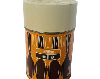 KING SEELEY THERMOS 1971 vintage soep deksel kom koffie reizen memorabilia metaal zeldzame jaren 1970 tan bruine strepen