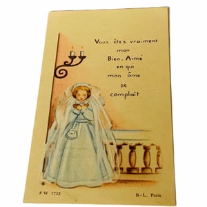 HOLY PRAYER CARD vintage Catholic Christian Jesus Christ God Mary paper antique ephemera church gift decor 1955 Huguette Bousquet St Joseph