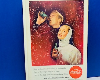 PUBBLICITÀ COCA COLA 1953 National Geographic carta effimera annuncio bottiglia di coca cola soda pop per incorniciare bolle vintage vtg mcm da collezione AC1
