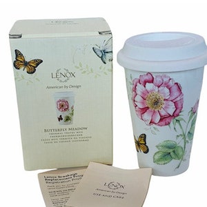LENOX BUTTERFLY MEADOW glass cup mug drinking vintage retired drinkware bumblebee floral flower nib box thermal travel tumbler butterflies