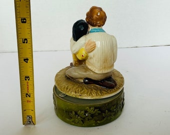 Vintage Music Box Japan 1950s picnic love couple figurine moving rotating musical working sculpture ceramic art gift