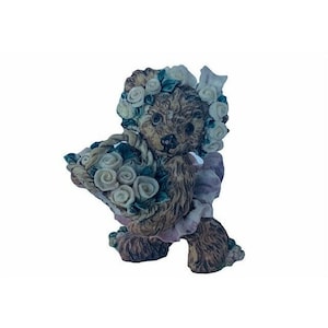 Teddy Bear resin figurine anthropomorphic flower basket vtg cub decor gift roses