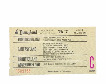 DISNEYLAND PAPER EPHEMERA 1956 tomorrowland fantasyland frontierland adventureland souvenir vintgae mcm vtg green junior ticket admission