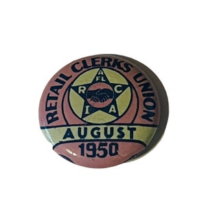 Retail Clerk Trade Union Pin Button Pinback Bastian Bros vtg 1950 August antique