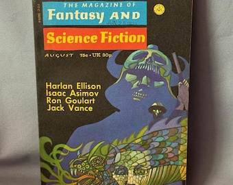 May include: Vintage August 1972 issue of "The Magazine of Fantasy and Science Fiction." The cover features a dark background with a blue and green illustration of a skull-like figure and a dragon. The magazine title is in blue and red.