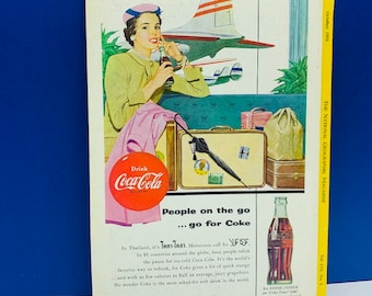 PUBBLICITÀ COCA COLA 1953 National Geographic carta effimera annuncio bottiglia di coca cola soda pop per incorniciare aereo da collezione vintage vtg mcm AC1
