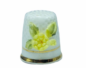 NAPCOWARE FLORAL THIMBLE Napco fine bone china flowers 1977 vintage porcelain figurine miniature sewing craft gift gold trim yellow rose 2