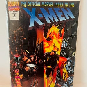 May include: A comic book titled "The Official Marvel Index to the X-Men" with the number 3 and the month of June. The cover features a collage of characters with flames and the X-Men logo in blue.