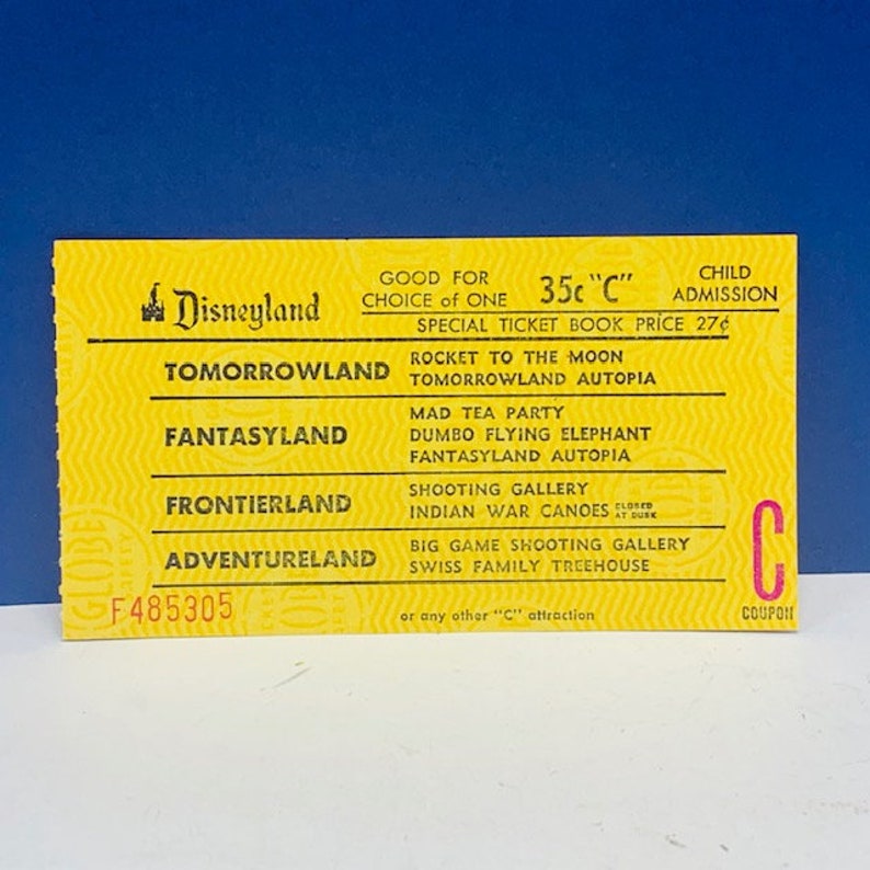 DISNEYLAND PAPER EPHEMERA 1956 tomorrowland fantasyland adventureland souvenir vintage mcm vtg green junior ticket admission child yellow