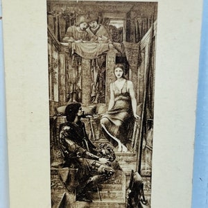 May include: A black and white illustration of a scene from the story "King Cophetua and the Beggar Maid". The illustration shows a king sitting on a throne, a woman standing in front of him, and two figures in the background.