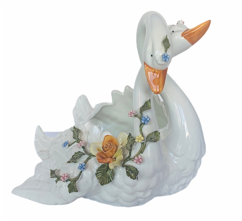 CAPODIMONTE PORCELAIN FLOWERS Swan planter geese Gricci shops Fabris antique floral original Italy sculpture figurine statue decor Italian vintage