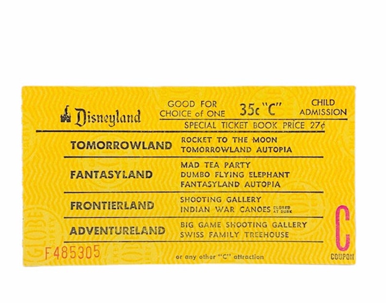 DISNEYLAND PAPER EPHEMERA 1956 tomorrowland fantasyland adventureland souvenir vintage mcm vtg green junior ticket admission child yellow