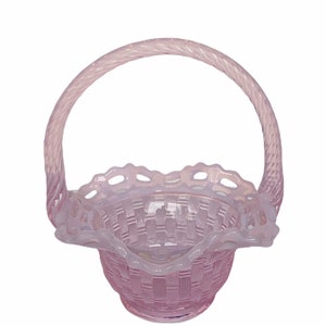 FENTON ART GLASS vintage collectible sculptuur vtg mcm Roze melk trellis bloemenmand golf kam beeldje decor cadeau opalescent
