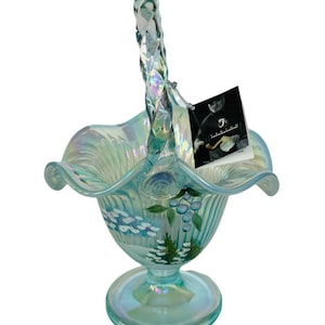 Fenton Art Glass Basket Trellis figurine SIGNED Winter Berry tag blue satin wave