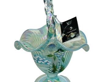 Fenton Art Glass Basket Trellis-beeldje ONDERTEKEND Winter Berry-tag blauwe satijnen golf