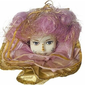 Circus Carnival Clown Figurine vtg Porcelain head bust violet gold purple mime