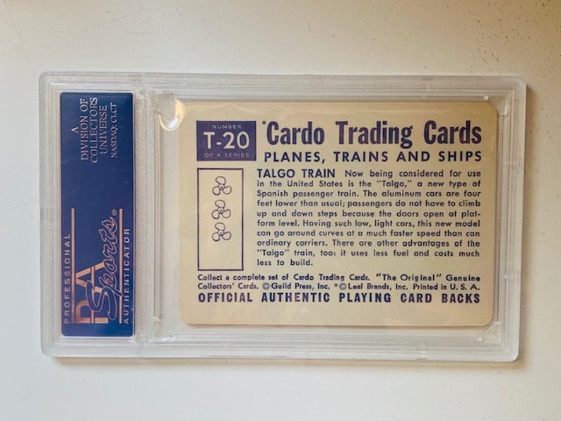 Planes Trains Ships Cars Automobiles Trading Collectors Card 1958 Cardo Trading Leaf Guild Graded Mint PSA 9 Talgo Locomotive Spanish T20 image 4