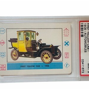 Vliegtuigen Treinen Schepen Auto's Auto's Trading Verzamelkaart 1958 Cardo Trading Leaf Guild Graded Mint PSA 9 First Yellow Cab A21 taxi 1e