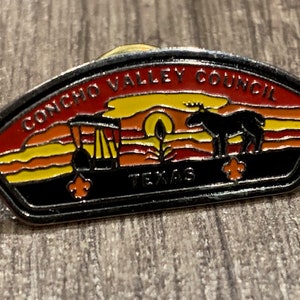 BOY SCOUTS PIN vintage cub den memorabilia arm shoulder uniform badge emblem merit logo vtg mcm ribbon award concho valley Texas Tx sunset