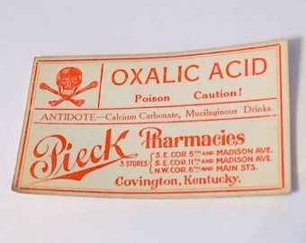 DRUGSTORE PHARMACY LABEL antique paper ephemera vintage ww1 era wwi advertising tag for bottle craft Pieck Covington Kentucky Ky oxalic acid