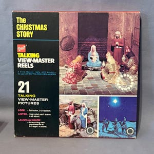 May include: Vintage GAF Talking View-Master Reels box set titled "The Christmas Story." The box features illustrations of biblical scenes and text that reads "21 Talking View-Master Pictures." The box is in good condition.
