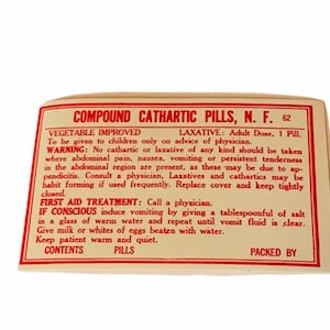 DRUGSTORE PHARMACY LABEL antike Spähe Mera Vintage ww1 Ära wwi Werbeanhänger für Flasche Handwerk Verbindung kathartische Pillen