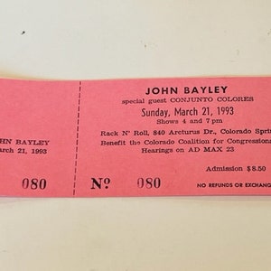 John Bayley Conjunto Colores Konzertticket Stub Vintage Musik Memorabilia Rockband Pop Country Metal Rap Ephemera Colorado CO 1993 Springs