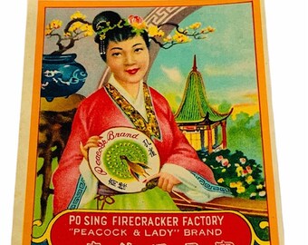 FIRECRACKER FIREWORKS LABEL drugstore paper ephemera vintage craft advertising cherry bomb japan asian japanese Geisha po sing marca peacock