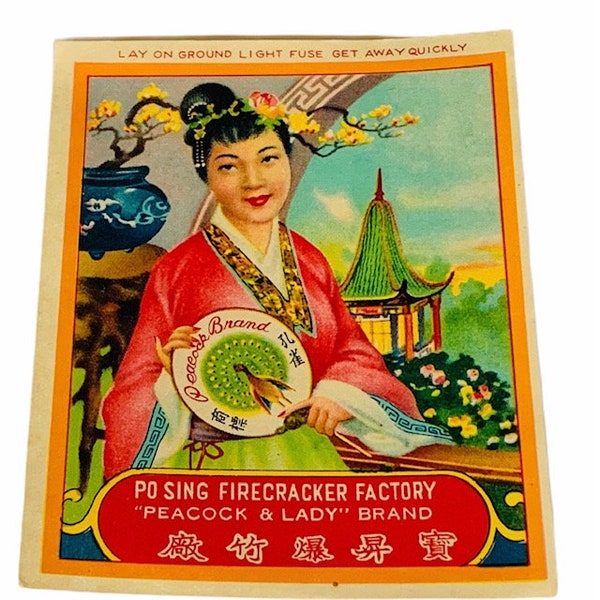 FIRECRACKER FIREWORKS LABEL drugstore paper ephemera vintage craft advertising cherry bomb japan asian japanese Geisha po sing marca peacock