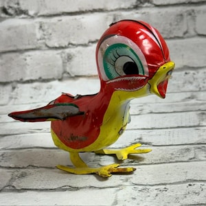 Antique Tin Wind Up Toy Bird Duck Japan Mikuni Trademark Red Chicken Vintage