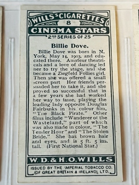 Wills Cigarettes Tobacco Trading Card 1928 antique Cinema Stars Billie Dove  8