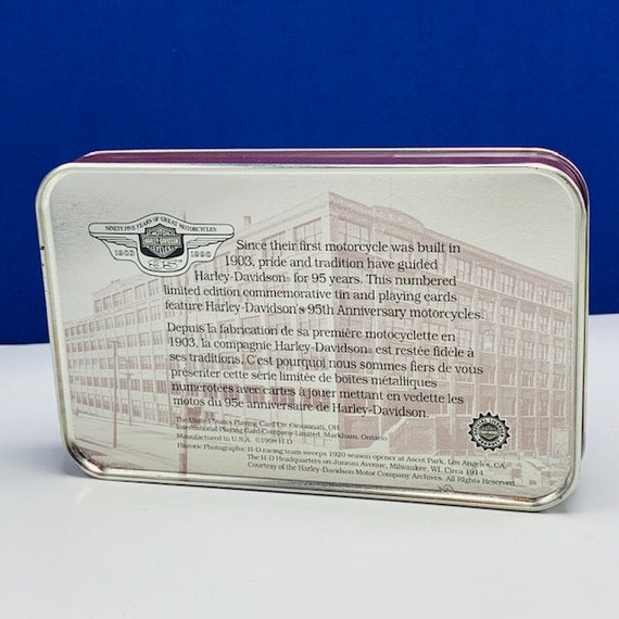 HARLEY DAVIDSON MOTORCYCLES 1995 vintage candy tin case metal box cycle advertising patsys candies emblem crest usa shield 1929 V twin 74